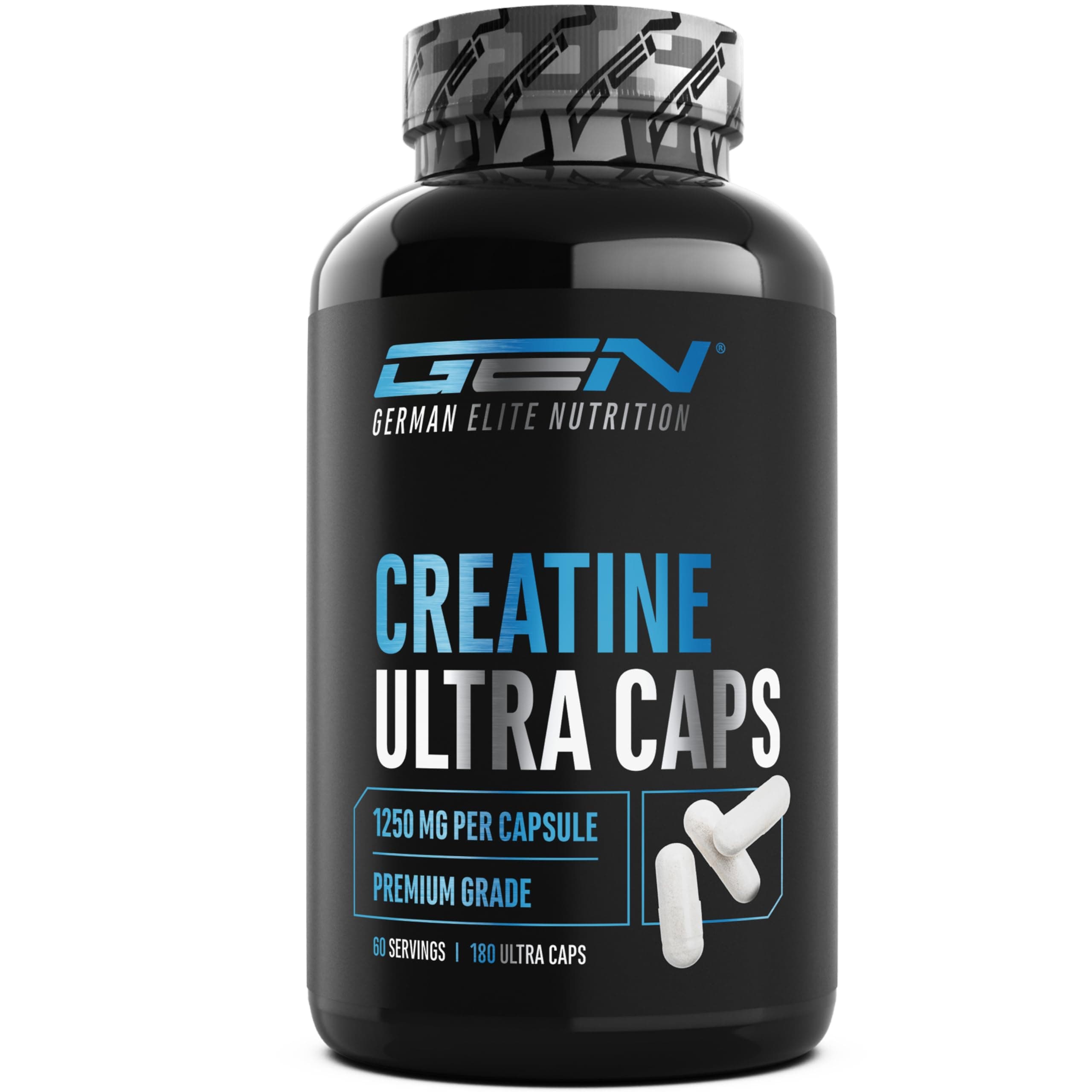 Creatine Ultra Caps - 180 Kapseln mit je 1250 mg reinem Creatin Monohydrat - Premium: Ultrafein + Mesh-Faktor von 200 - Hochdosiert