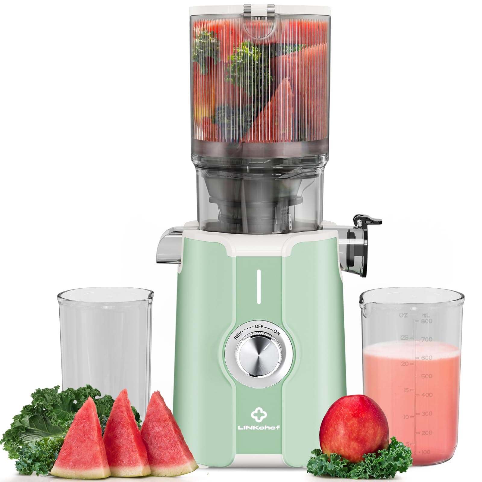LINKChef Estrattore Frutta e Verdura, 200W Centrifuga Frutta e Verdura, 1.2L Estrattore di Succo a Freddo di Riempimento da 115 mm, Facile da Pulire, BPA Free, Verde chiaro