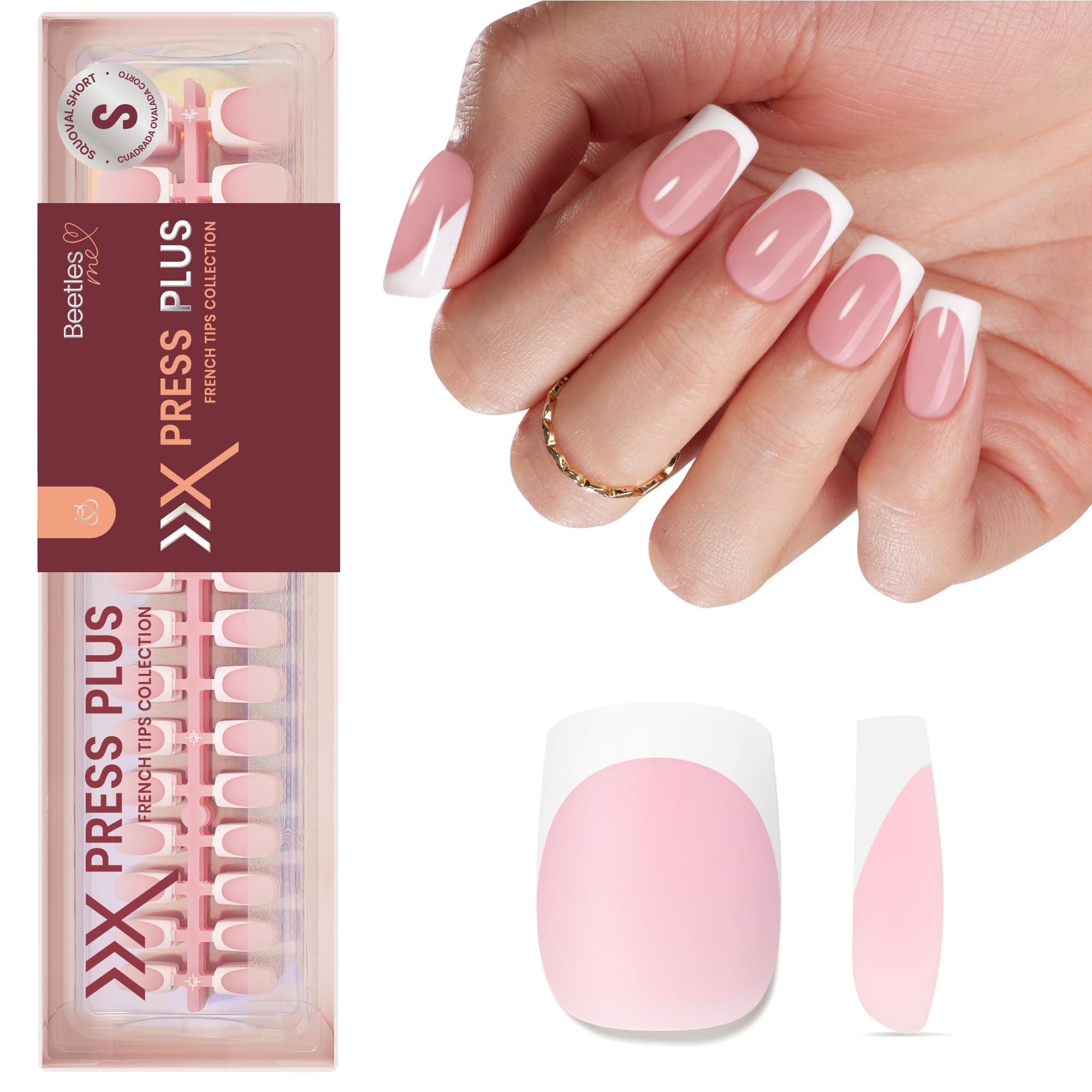 Beetles Press French Tip Nagelspitzen, kurze, quadratische, pinkfarbene Press-On-Nägel in 16 Größen, 224 Stück, natürliche Gel-Nagelspitzen in Salonqualität DIY-Geschenk Fingernägel für Frauen