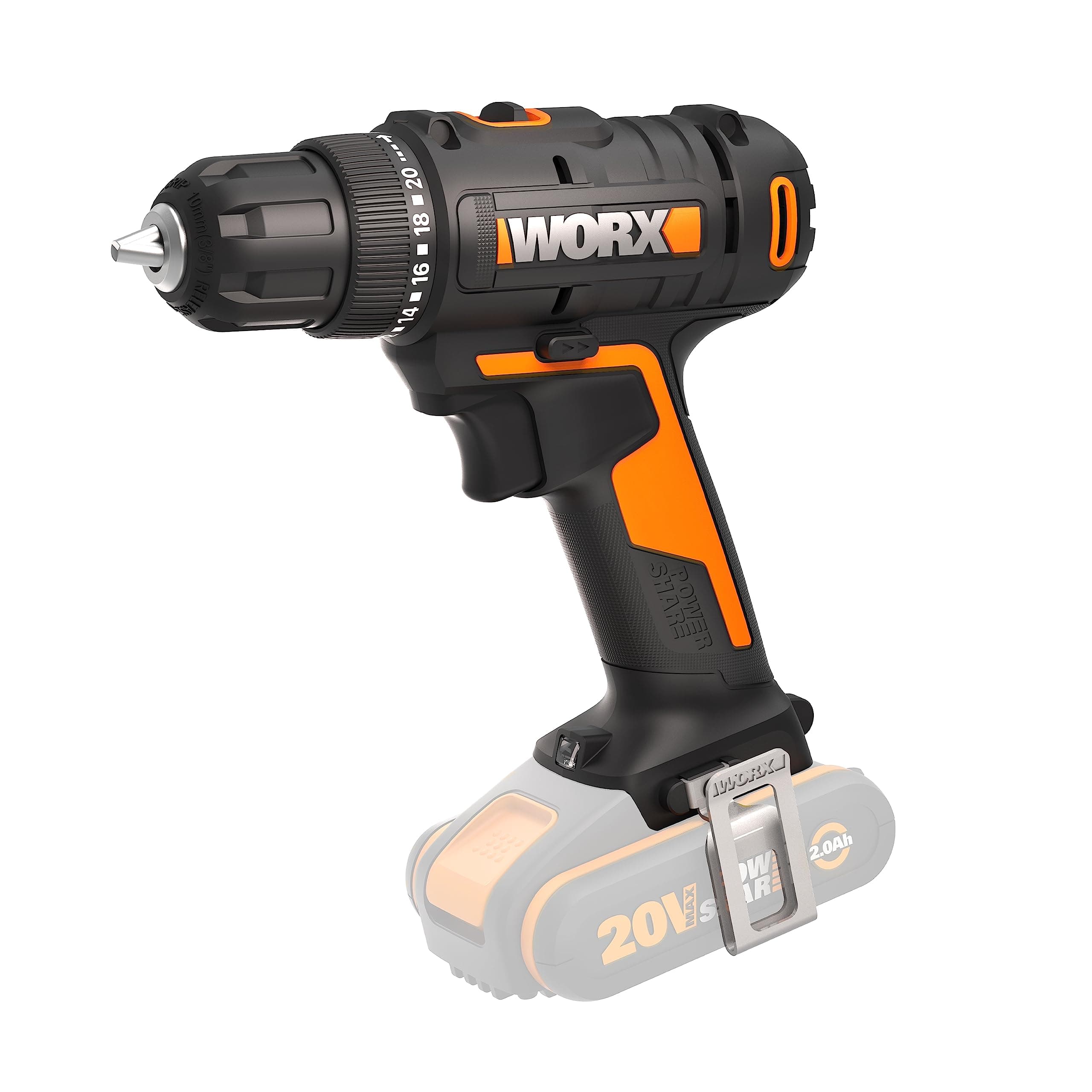WORX WX100.9 Taladro atornillador 20V, ligero, 2 velocidades, 30Nm, portabrocas de 13mm, para montajes en madera y aluminio en hogar y obra.