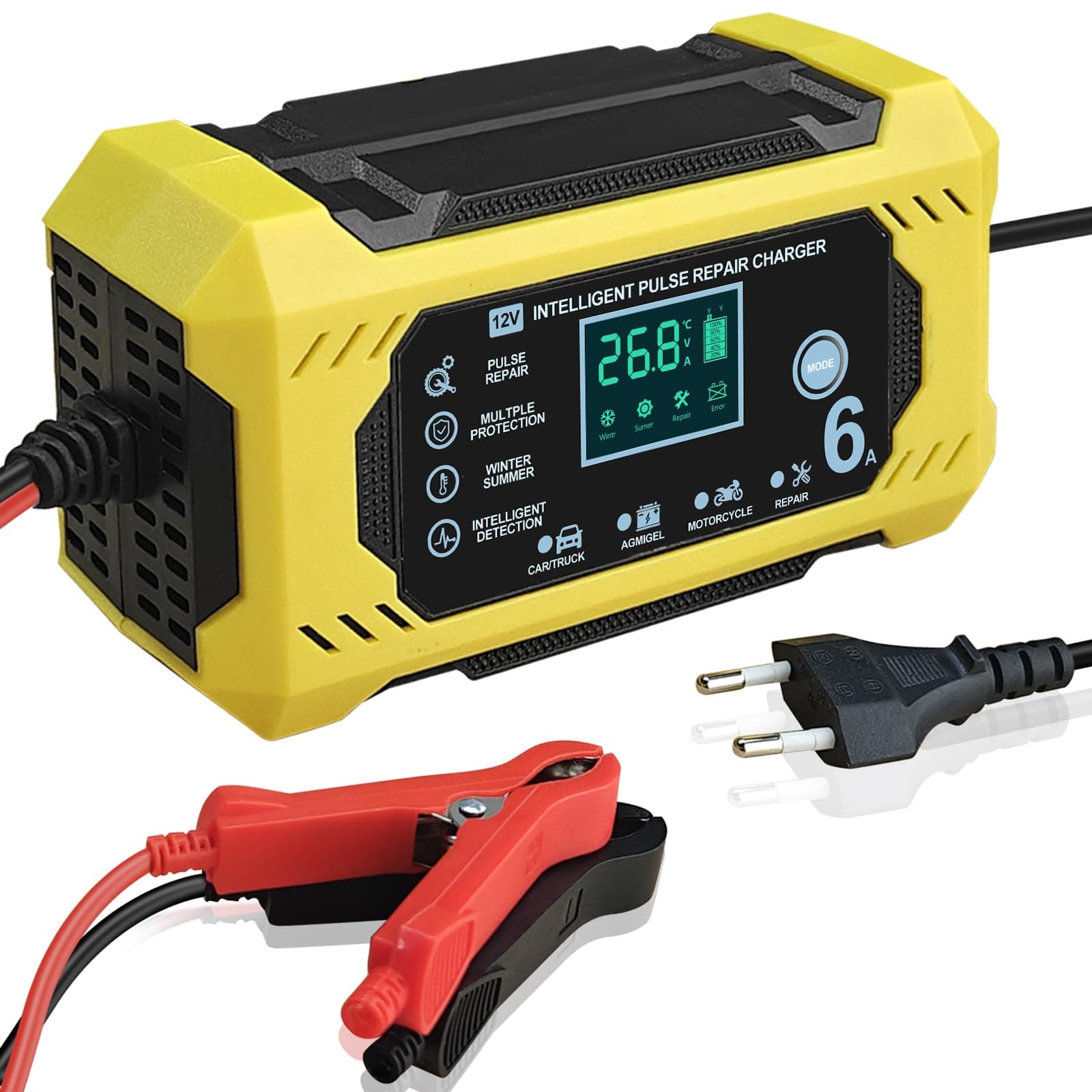 Carica Batteria per Auto, Caricabatterie Auto intelligente da 12V 6A con Schermo LCD Touch Screen, Rilevamento Automatico, Riparazione, Manutenzione e Protezioni Multiple per Piombo-Acido/AGM/Gel