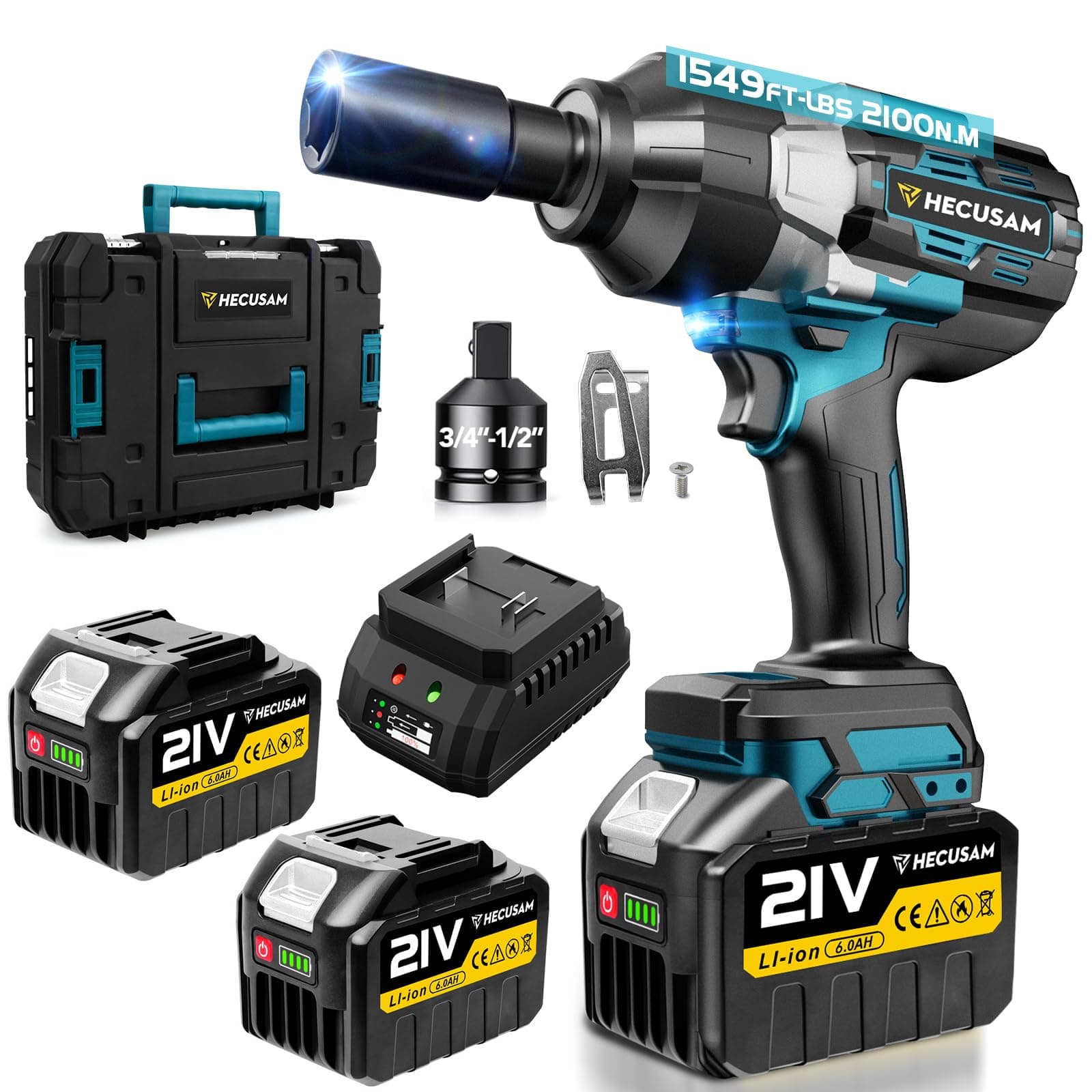 Hecusam 2100 N.M Clé à Chocs Sans Fil Brushless, 3/4" Boulonneuse A Choc Electrique Avec 2 Batterie, Adaptateur 1/2", Visseuse A Choc Pour Voitures Et Machines Lourdes