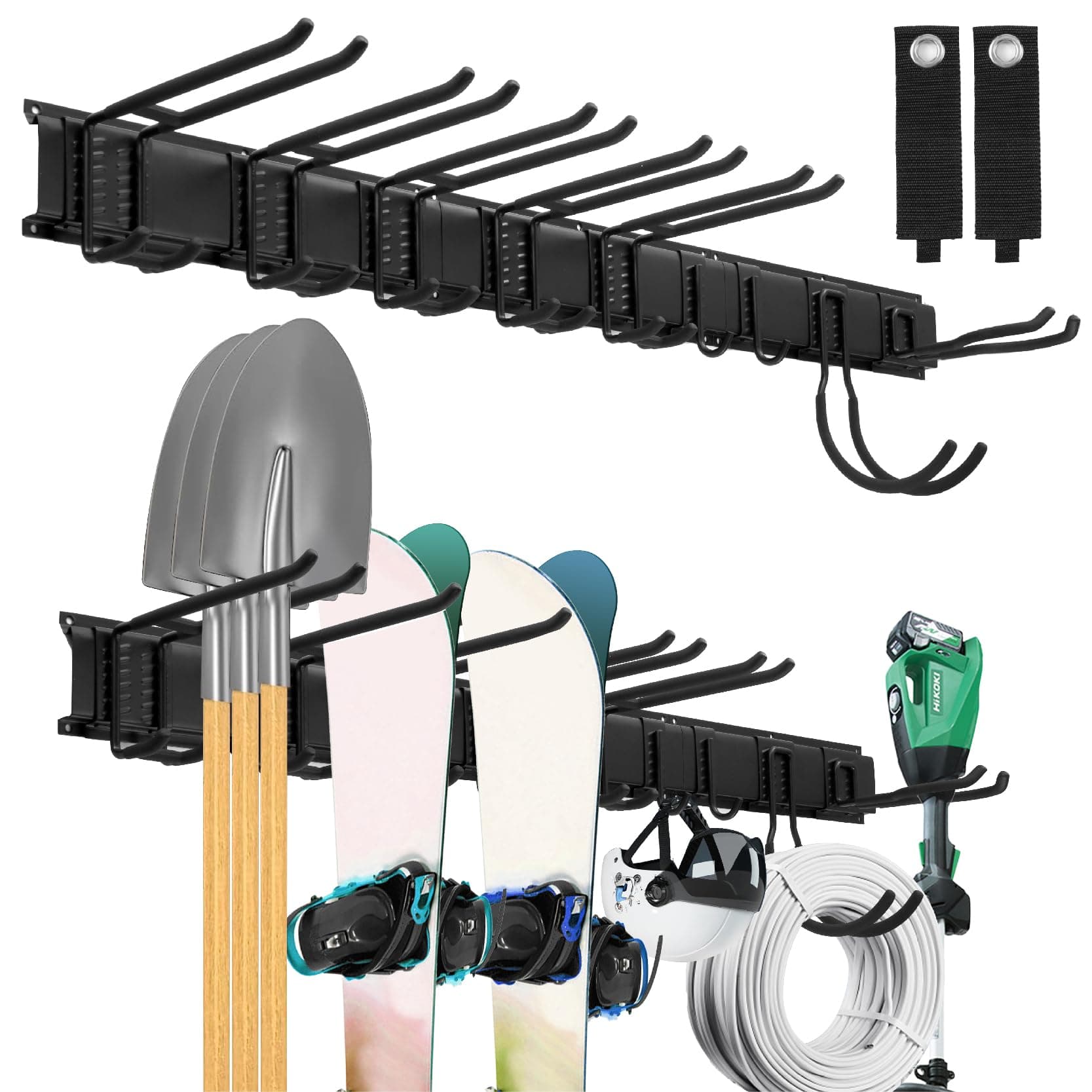 Sinoer Soporte de pared de gestor de herramientas de garaje, soporte de almacenamiento de gestor de pared de garaje con 9 ganchos, perchas de herramientas de jardín para equipos de esquí,