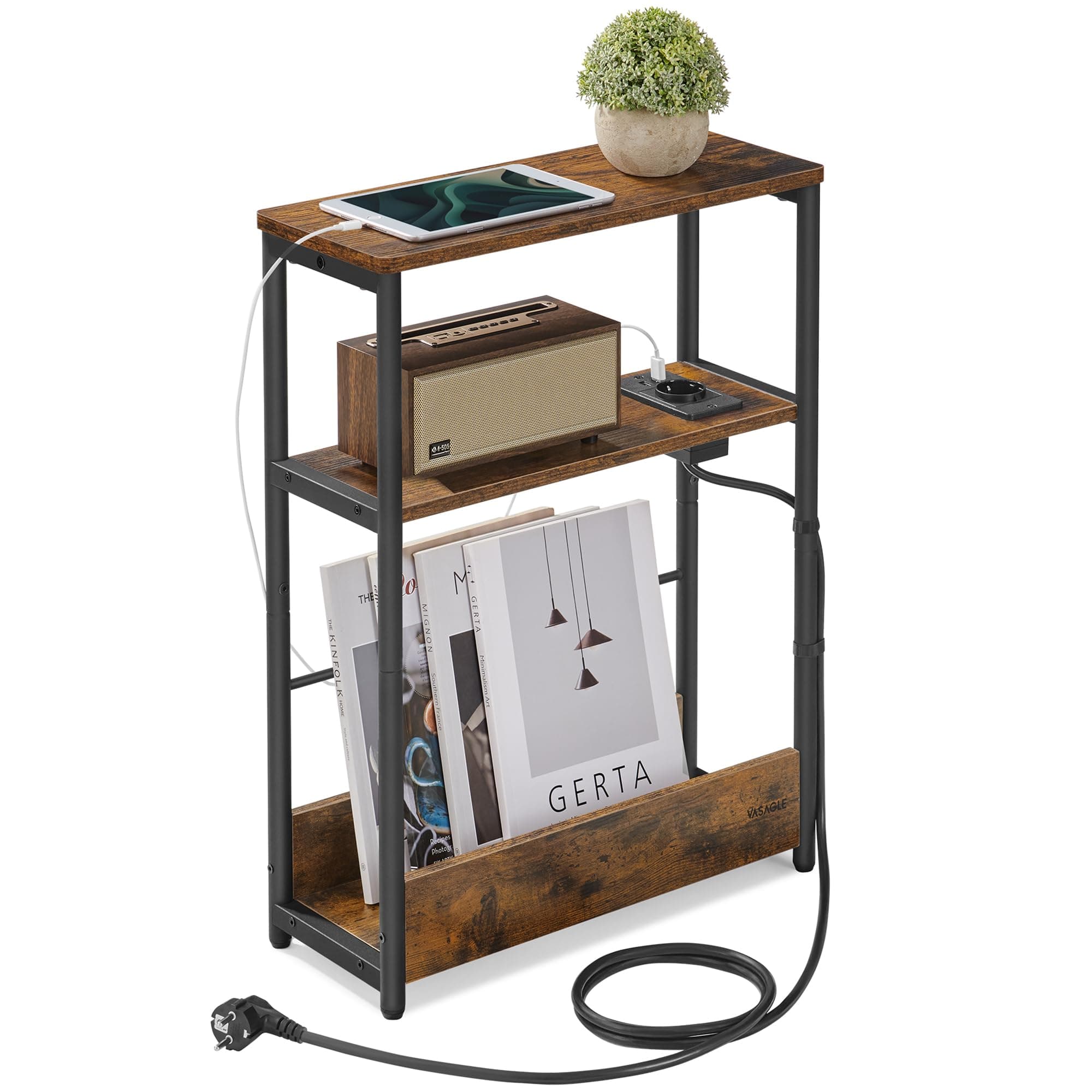 VASAGLE Beistelltisch schmal, Nachttisch mit Ladefunktion, Couchtisch klein, 3 Ablagen, Zeitschriftenhalter, für Wohnzimmer, Schlafzimmer, Arbeitszimmer, vintagebraun-tintenschwarz LET335K02