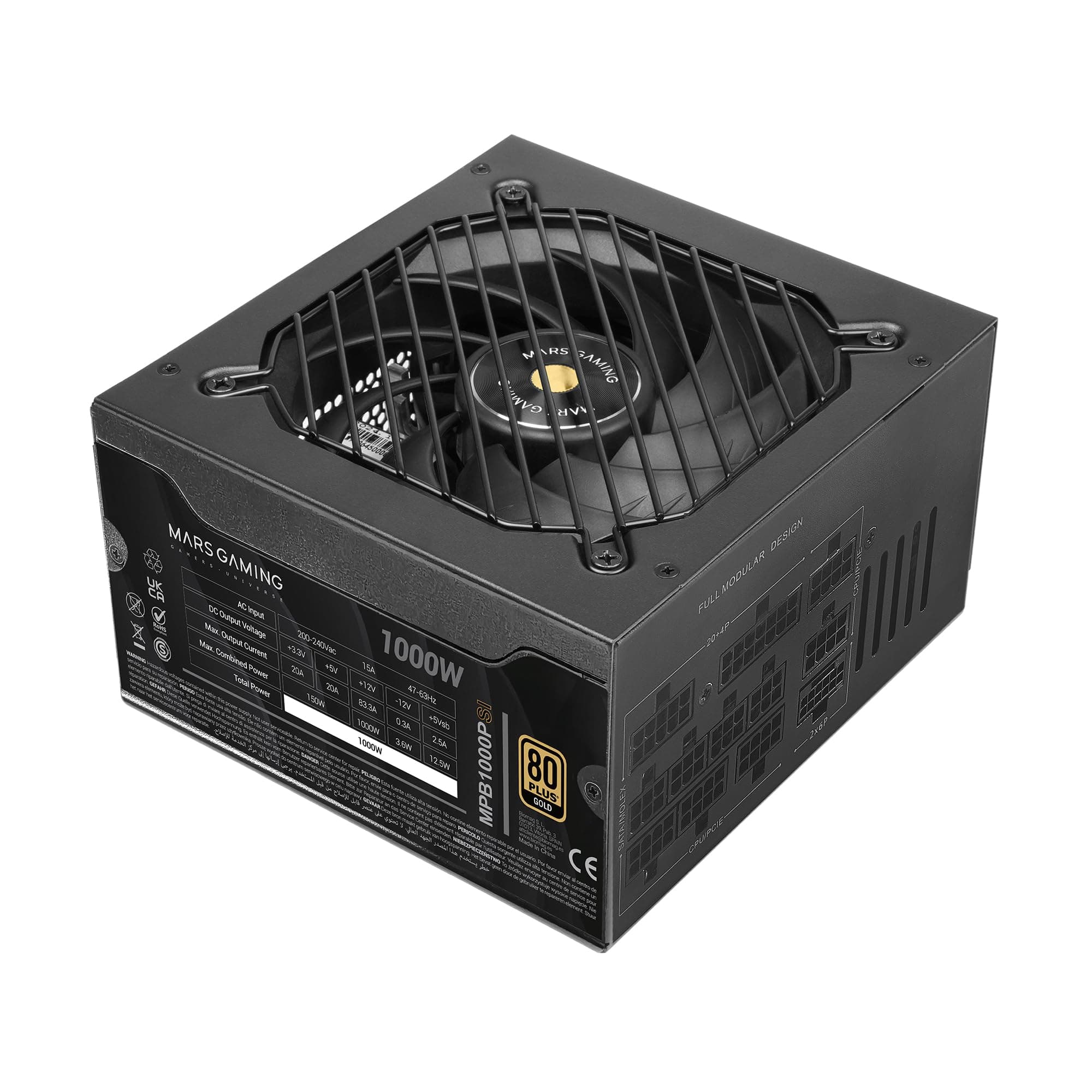 Mars Gaming MPB1000PSI, Fuente Alimentación Full Modular ATX 1000W, 10 Años Garantía, 80Plus Gold 90%, Ventilador SI 14cm, Tecnología AI2-RPM, DC-DC y SMD, ATX 3.1 y PCIe 5.1, Conector 12V 2x6, Negro