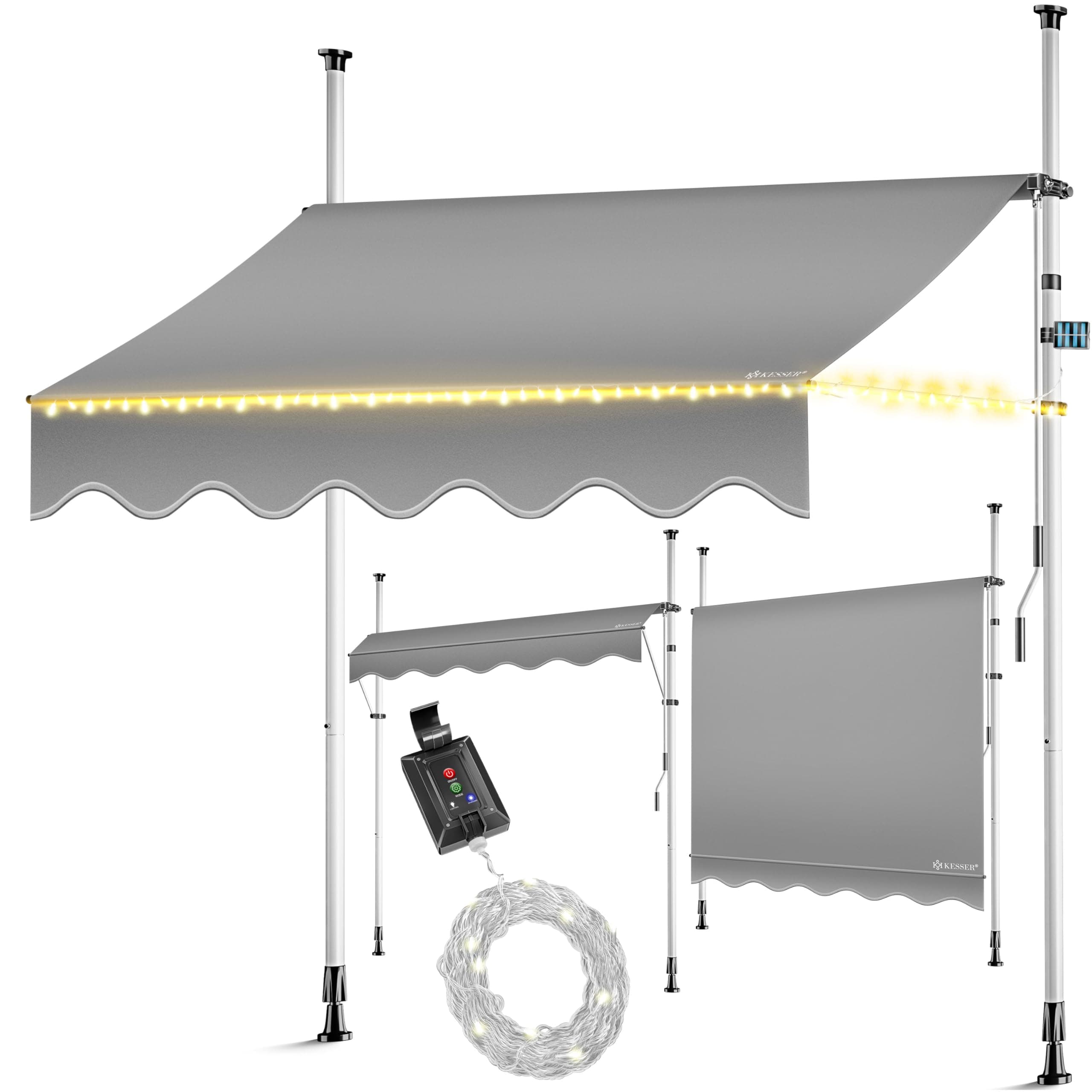 KESSER® Klemmmarkise mit Handkurbel & LED Lichterkette | Balkonmarkise ohne Bohren | Markise UV-beständig höhenverstellbar & wasserabweisend | Sonnenschutz für Balkon Terrasse & Garten 400cm
