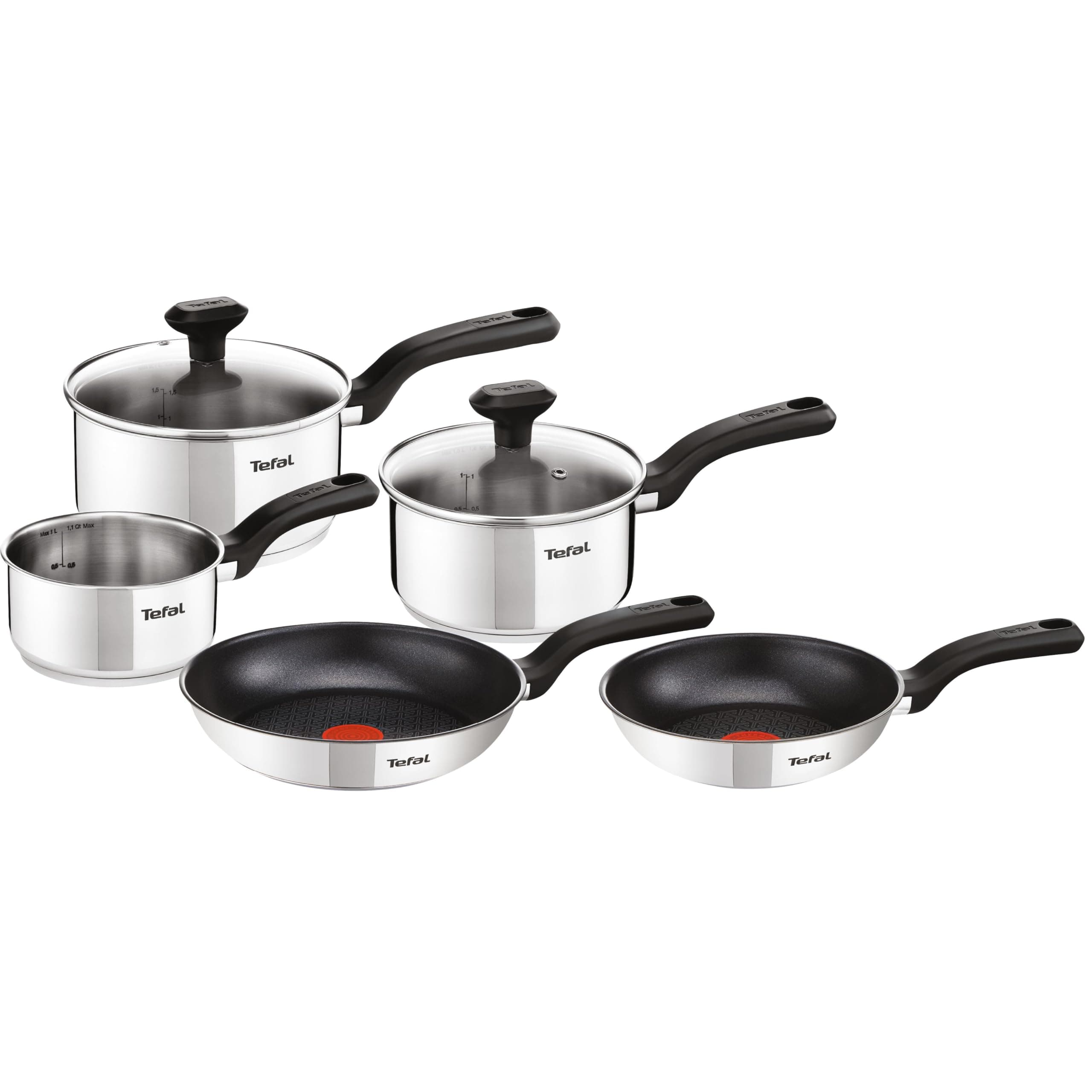 Tefal Comfort Max - Juego de 2 Sartenes 24/28 cm + 3 Cazos de 14/16/18/20 cm + 2 Tapas, Apto inducción, antiadherente, revestimiento titanio, apto lavavajillas y horno, acero inoxidable
