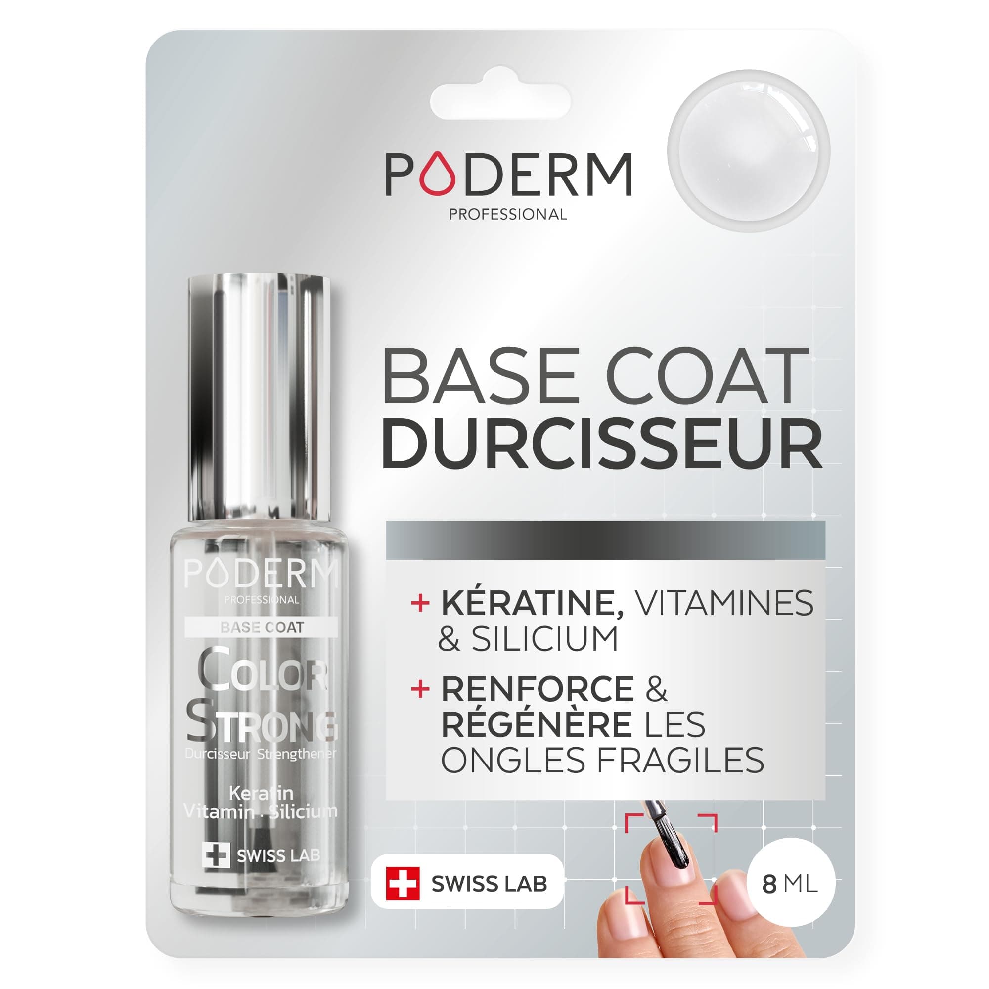 PODERM Vernis Durcisseur Ongles – Biotine, Silicium, Kératine | Répare & Fortifie les Ongles Abîmés, Fragilisés, Cassants par Vernis Semi-permanent & Vieillissement | Swiss Made - Base Coat