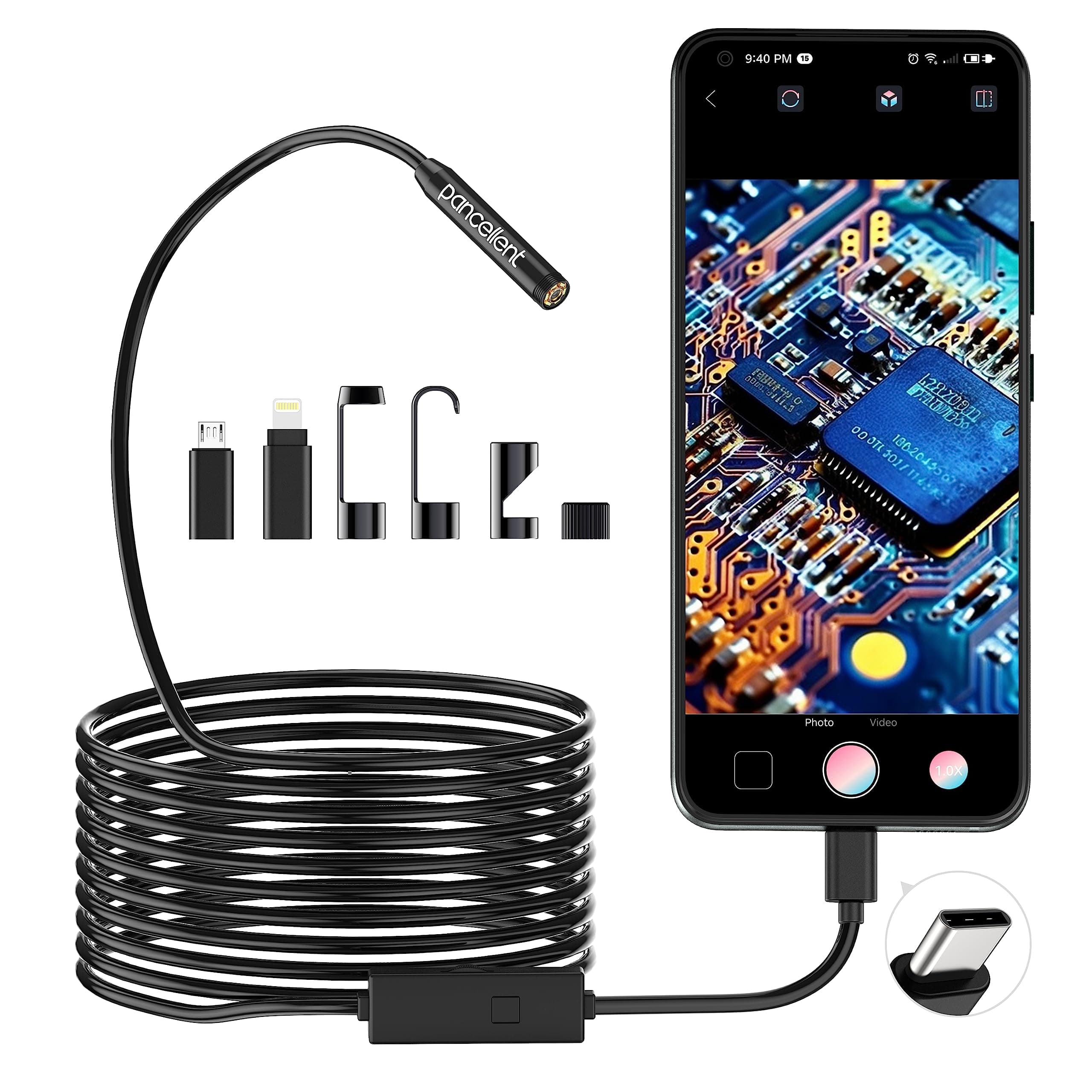 1920P HD Endoscopio de Inspección de Serpiente, Boroscopio Pancellent Tipo C, Cámara de Alcance con 8 Luces LED para Smartphone Android e iOS, iPhone, iPad, Samsung (16.5 Pies/5 M)
