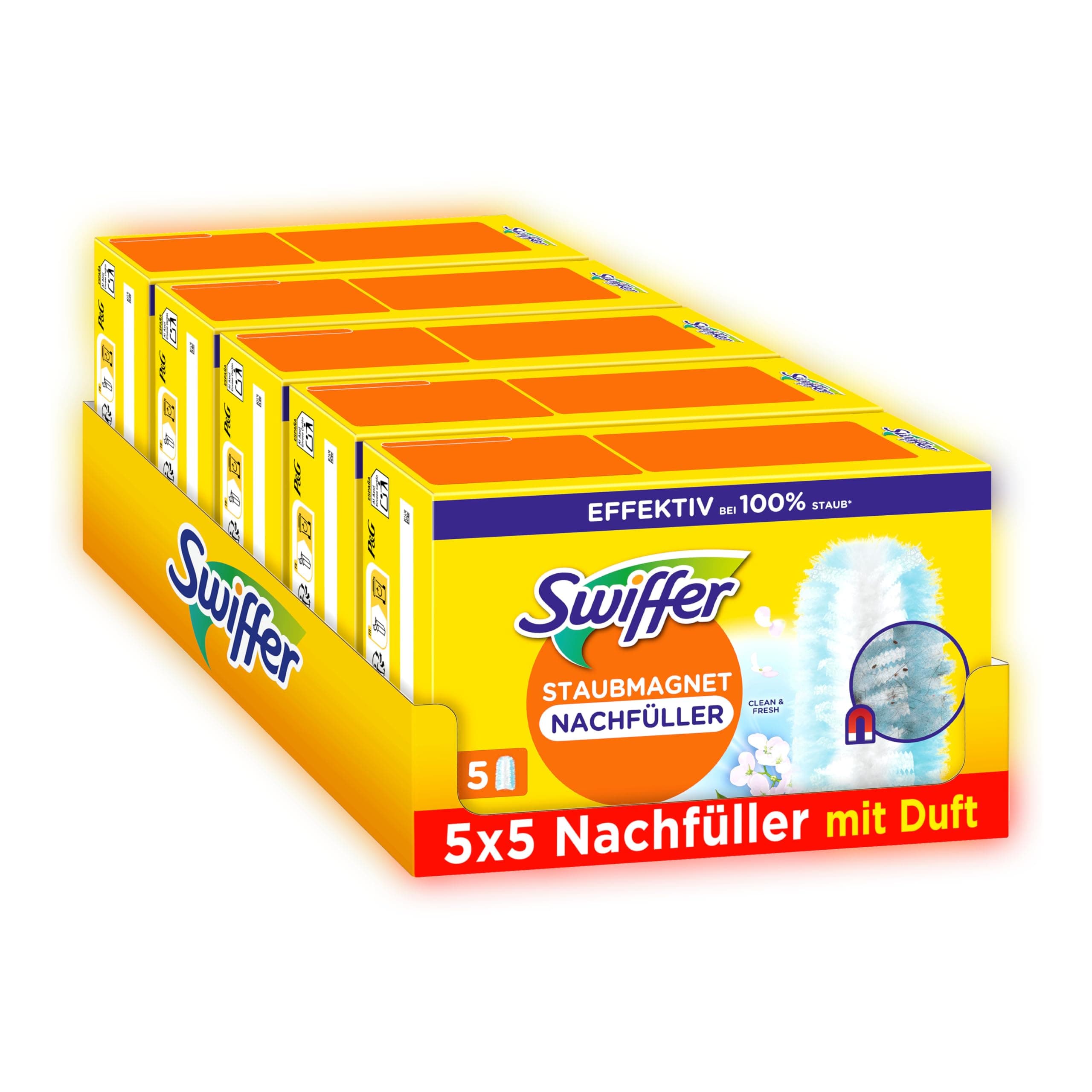 Swiffer Staubmagnet Nachfüllpackung, 25 Tücher (5×5) mit Febreze-Duft, Fängt Und Schließt 3-mal Mehr Staub Und Haare Ein Als Herkömmliche Staubwedel