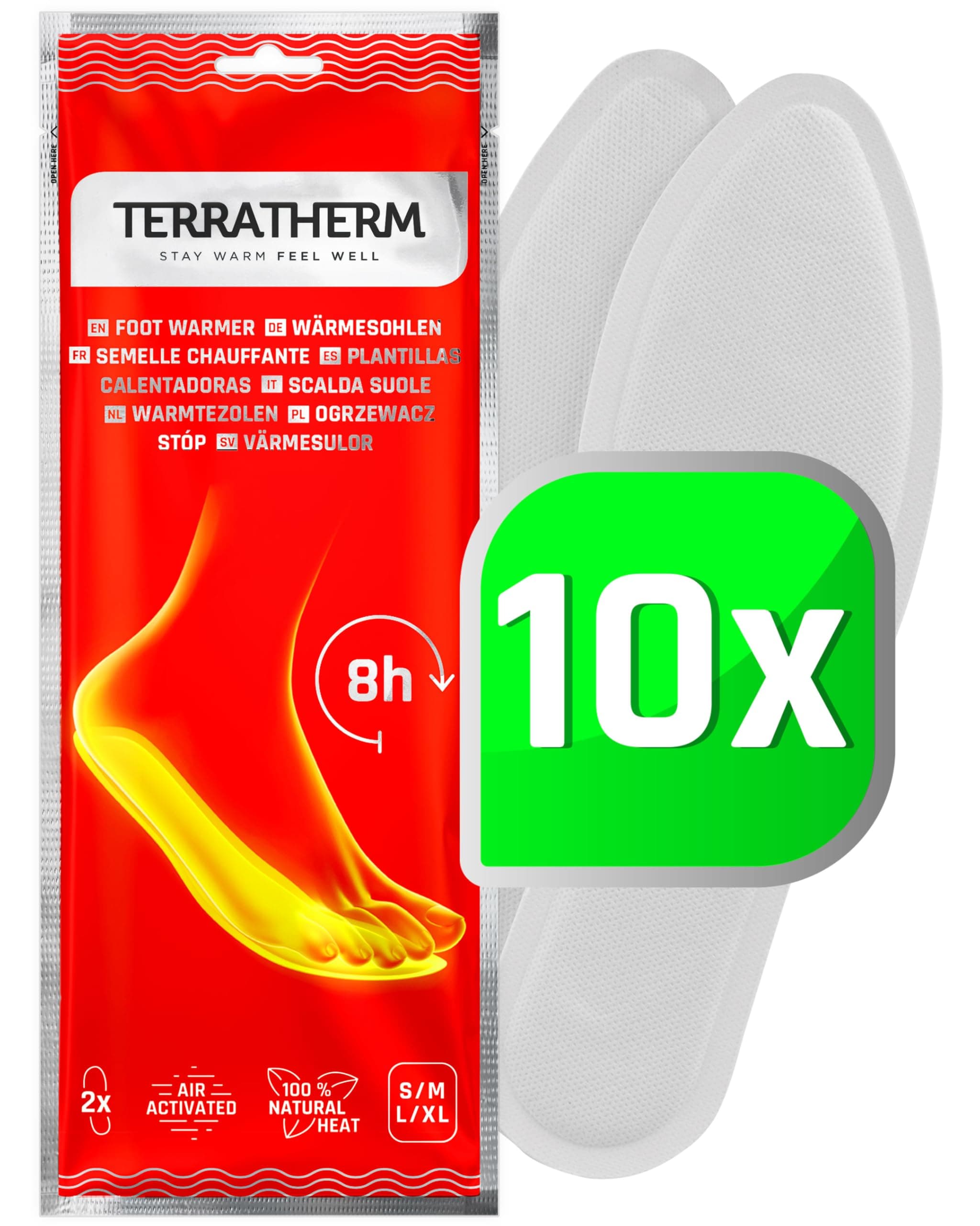 Terratherm Solette riscaldanti - attivato dall’aria - per 8 ore die calore per i piedi - 5, 10 o 30 paia - scaldapiedi per scarpe - suole riscaldanti con 100% calora naturale