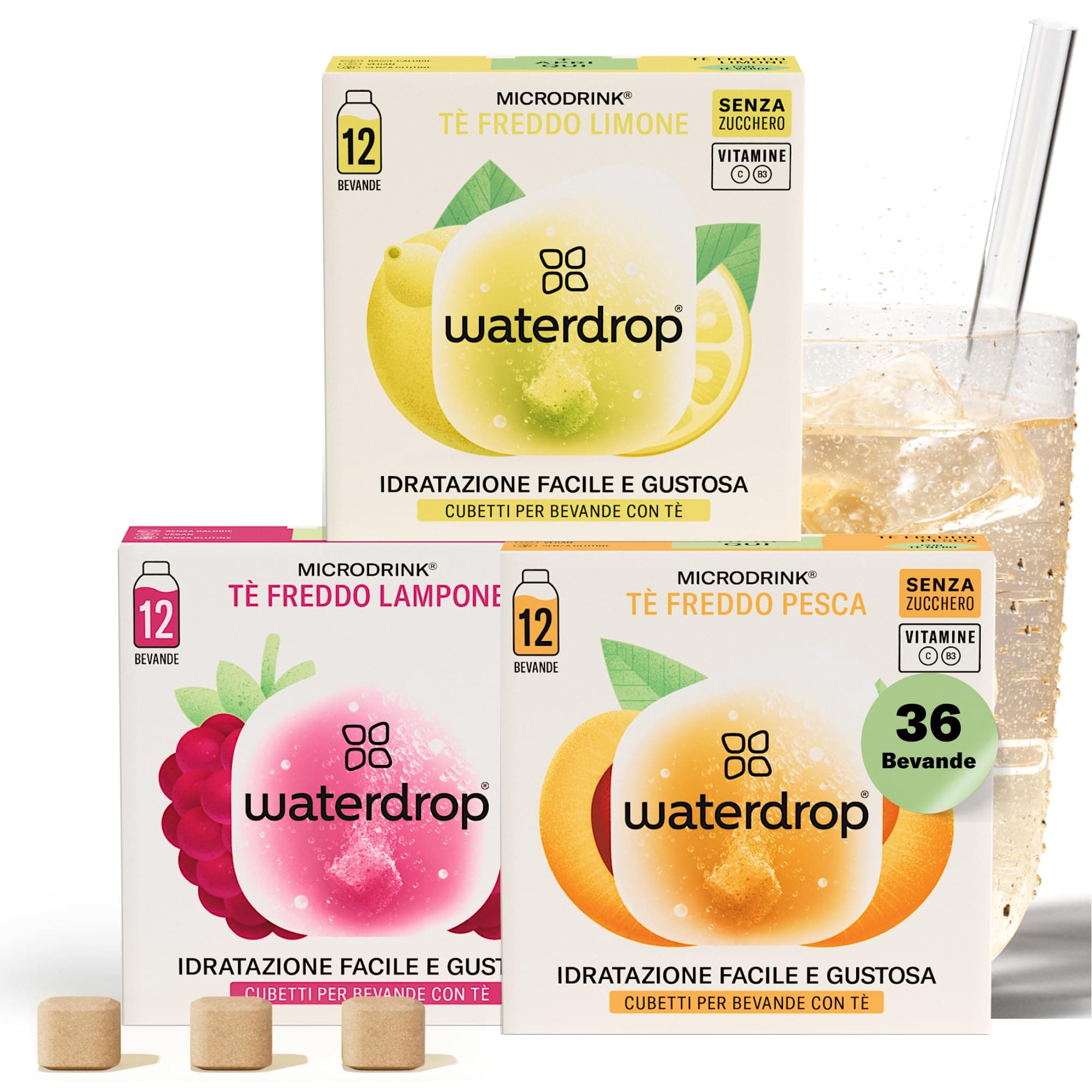 waterdrop® Tè Freddo Zero, Te LIMONE - PESCA - LAMPONE, 36 cubetti per acqua Microdrink, The Freddo senza zucchero Con Vitamina C & B3, Bevanda Analcolica, 36 Bustine - 18 Litri, Ice Tea