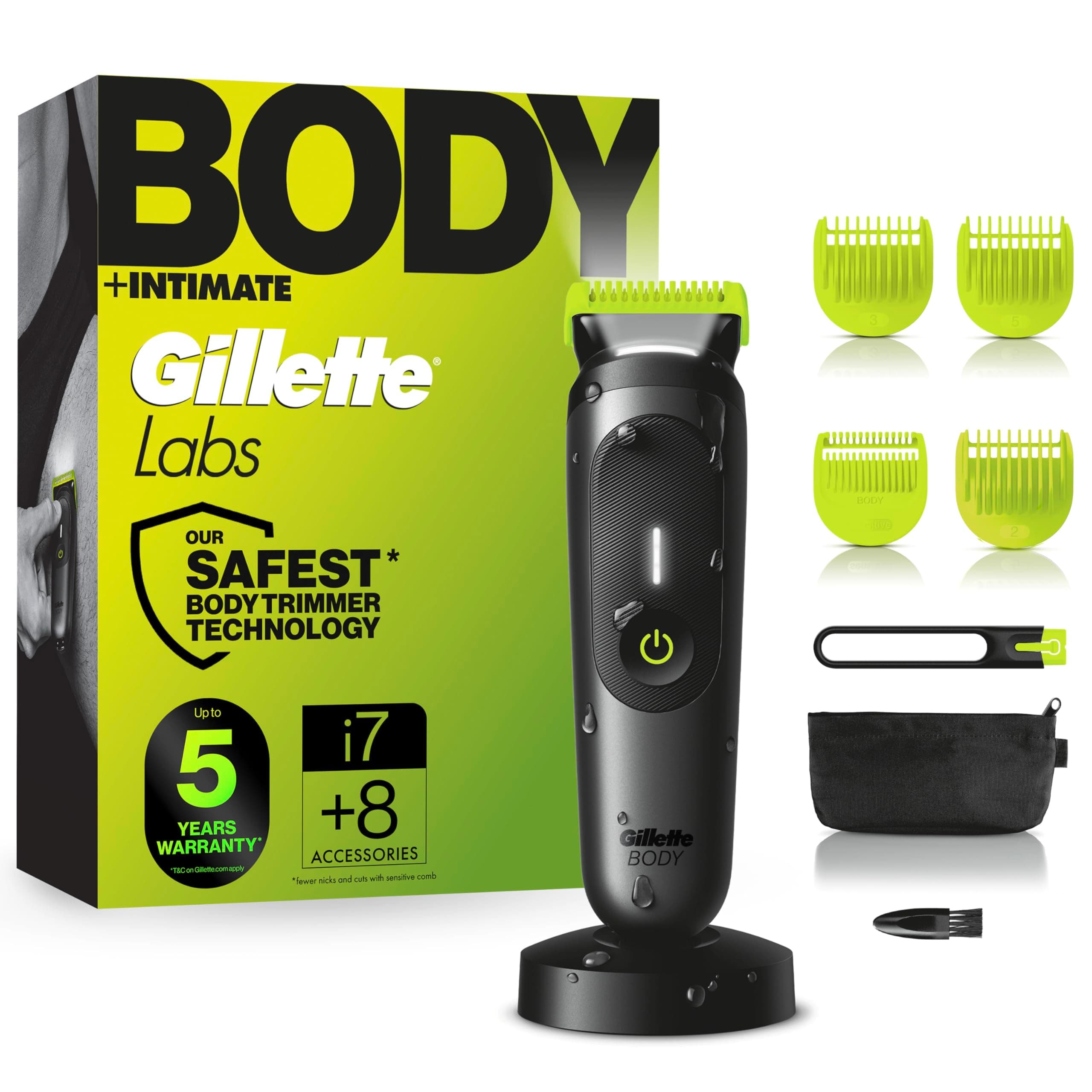 Gillette Labs Body + Intimate Tondeuse Homme i7, Tondeuse Corps Et Zone Intime, Etanche, Dotée De La Technologie SkinFirst Et De La Lumière LED Pour Visibilité, 3 Sabots Dont Un Pour Peau Sensible