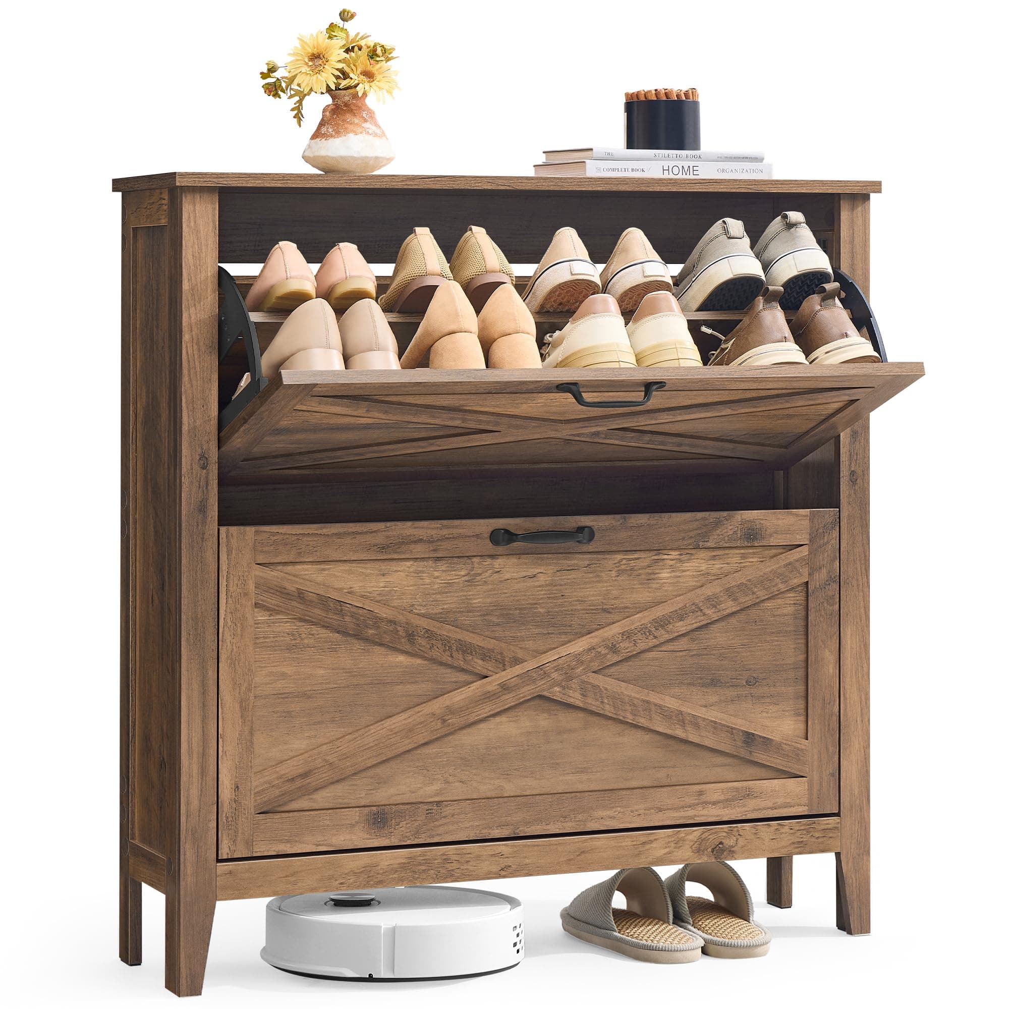 VASAGLE LIRY Colección - Mueble Zapatero, con 2 Cajones Abatibles, Zapatero Estrecho Independiente para Entrada, Estilo Rústico, para 12 a 16 Pares, Marrón Miel HSC201K01