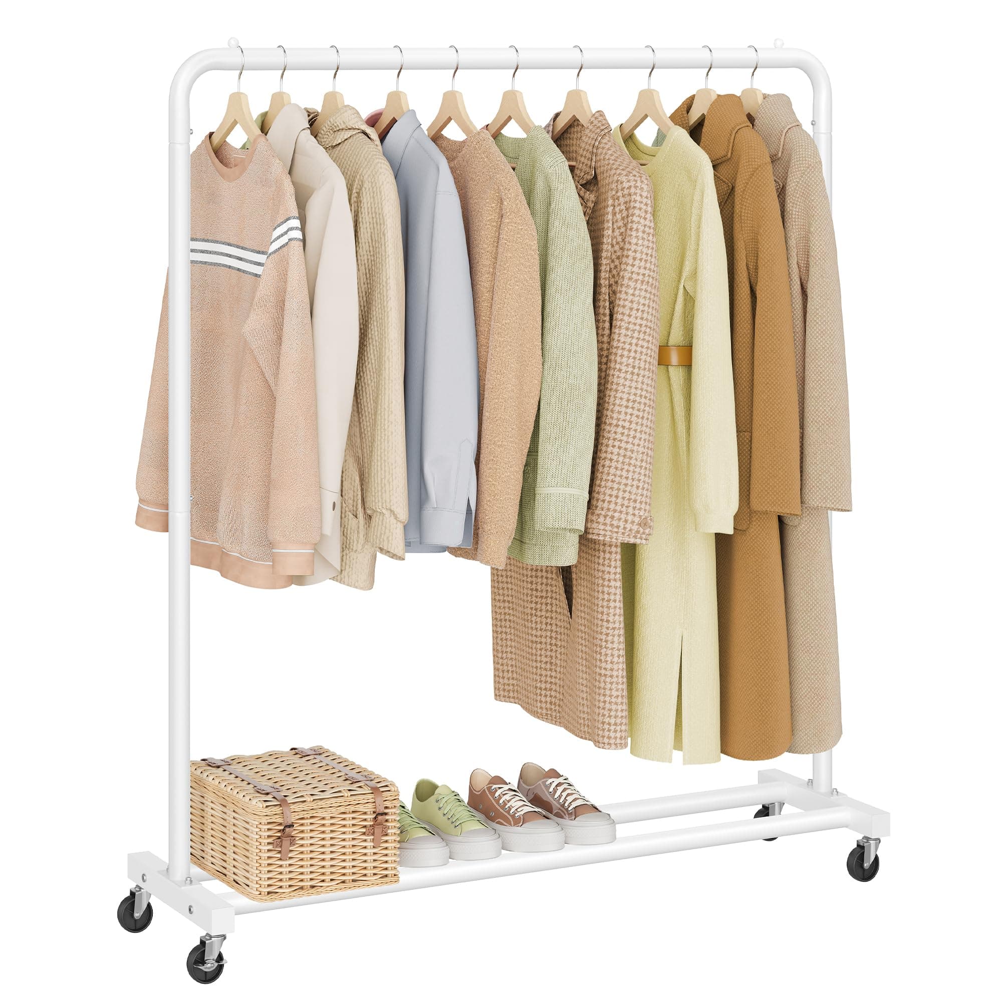 SONGMICS Stand Appendiabiti con Ruote, Attaccapanni, 2 Ruote con Freno, Camera da Letto, Portata fino a 50 kg, 38 x 110 x 141,5 cm, Bianco Opaco HSR016WG01