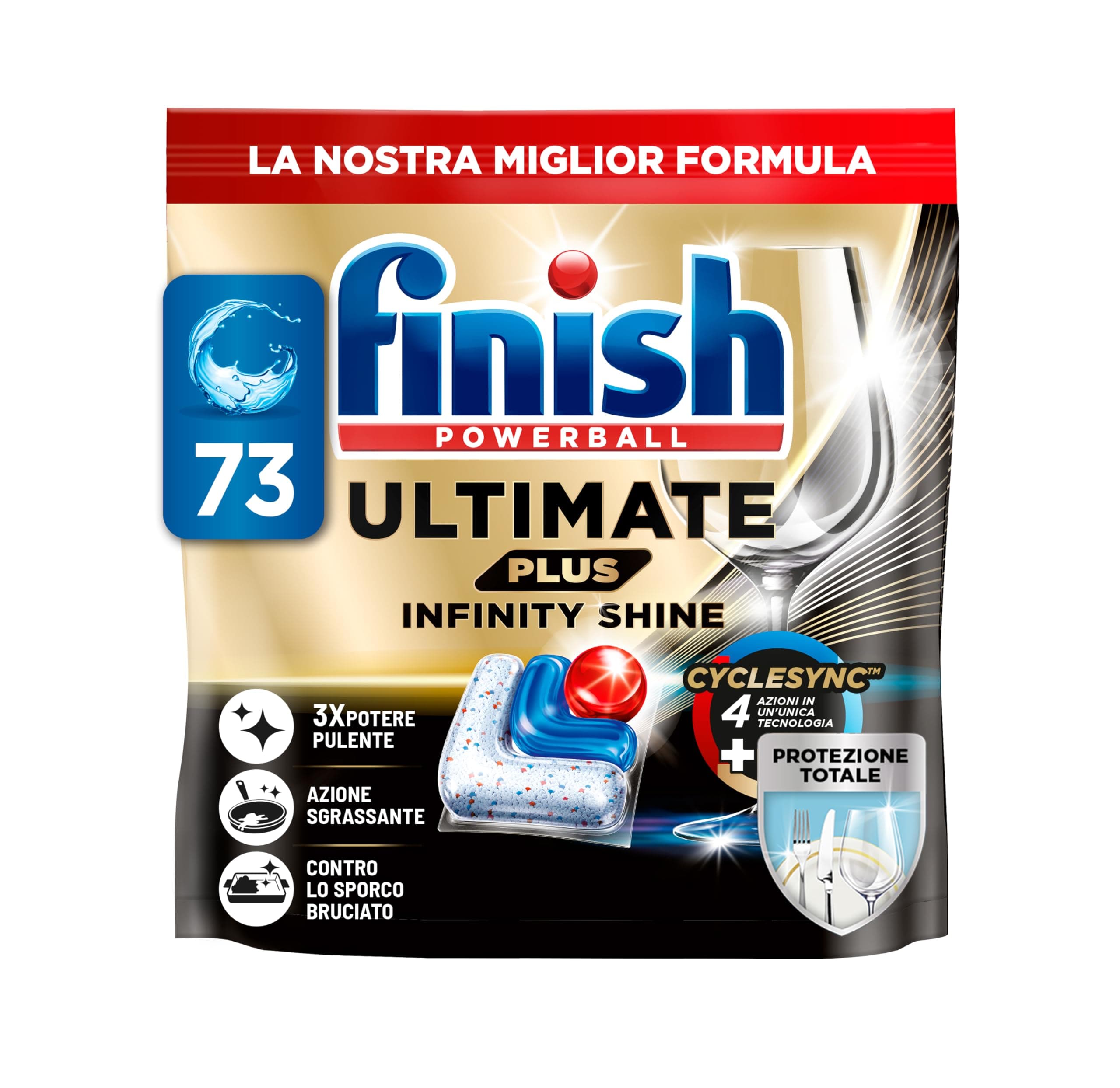 Finish Ultimate PLUS Infinity Shine Pastiglie Lavastoviglie, 73 Capsule Lavastoviglie, Pastiglie per Lavastoviglie con Scudo Protettivo contro lo Sporco e i Residui Incrostati