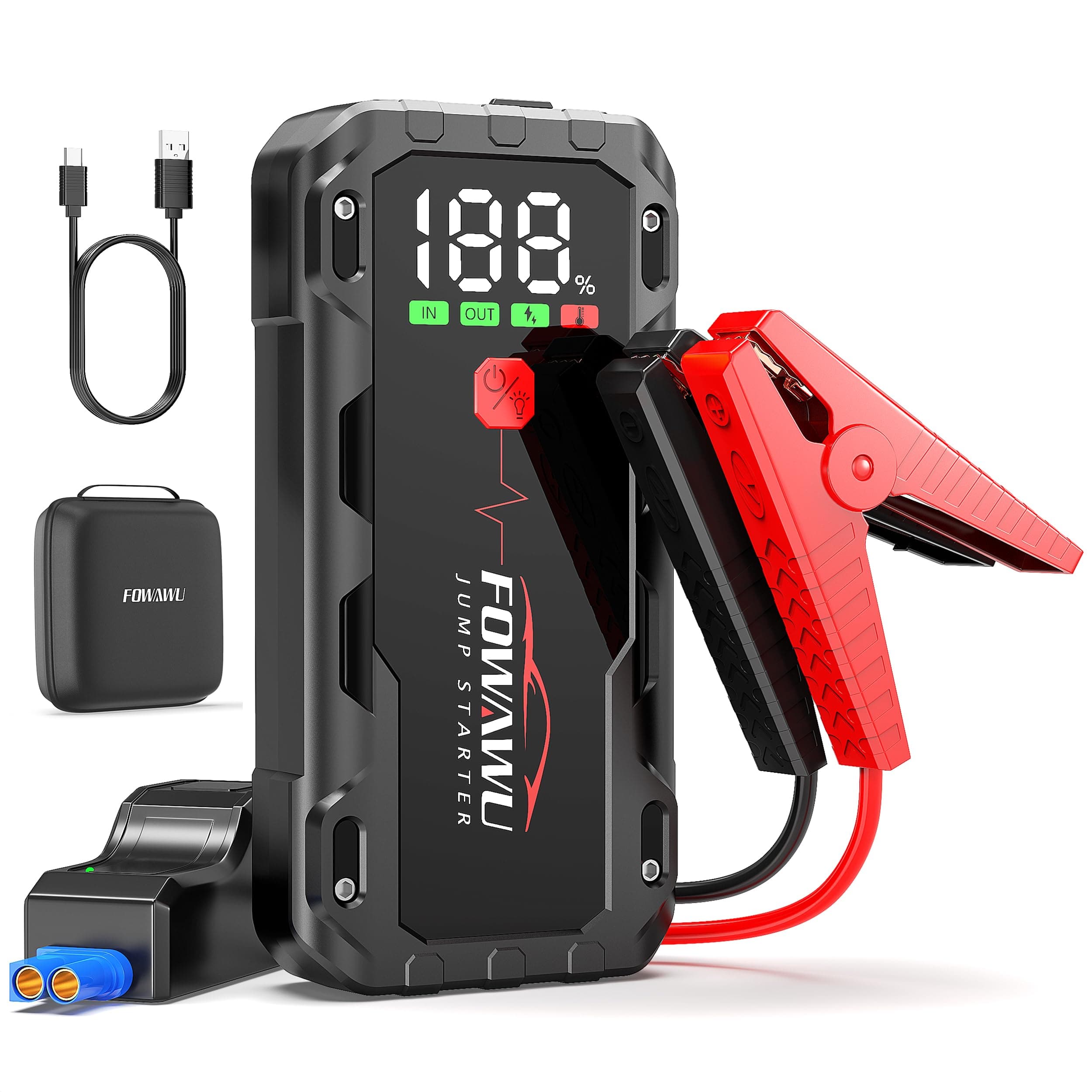 FOWAWU 7000 A Arrancador de Baterias de Coche, 26800 mAh 12V Earrancador de Coches Portatil(para 12L de Gasolina o 10L de Diésel) con Clip Inteligente,Linterna LED, 5 * 3,5 CM Pantalla Grande, QC 3,0