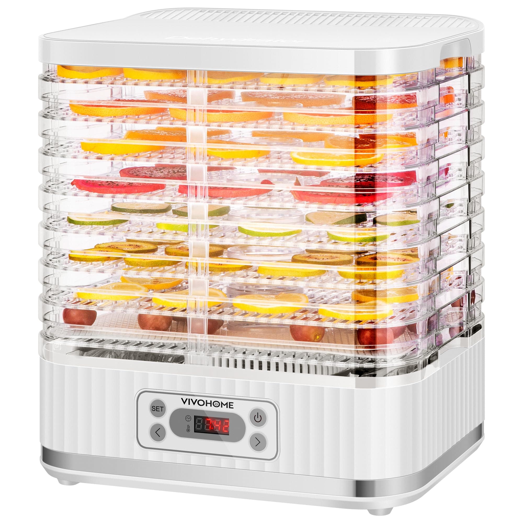 VIVOHOME Déshydrateur Alimentaire Séchoir 8 Plateaux 400W sans BPA, Température Réglable 35°C-70°C avec Minuterie 72h Lyophilisateur pour Fruits Séchés Viande Légumes Champignons Blanc