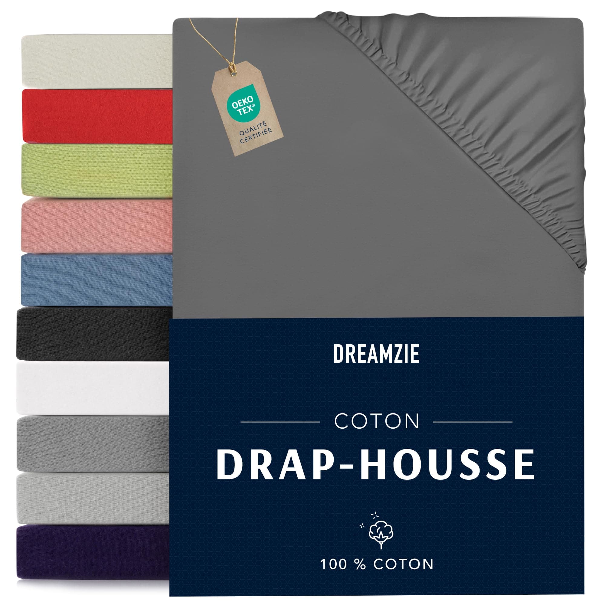 Dreamzie - Drap Housse 90x190/200-100% Jersey Coton Certifié Oeko Tex - Anthracite - Drap Housse 90x190/200 Coton