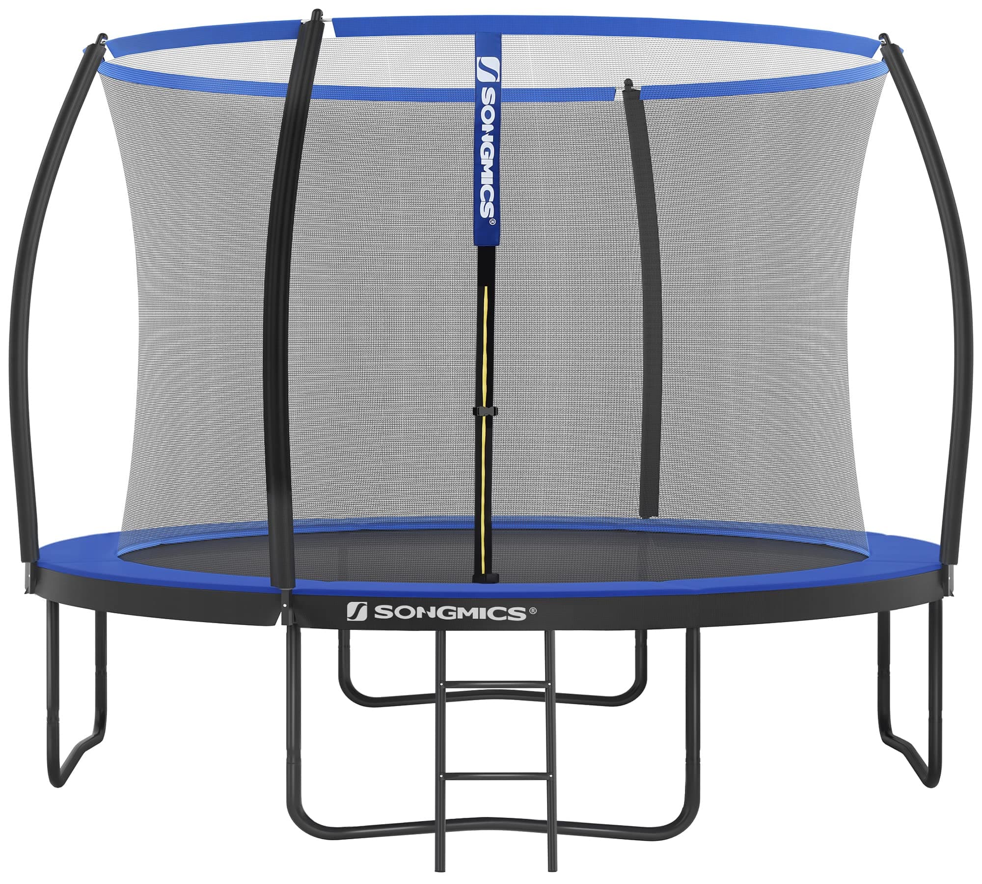 SONGMICS Trampoline Extérieur Enfant Diamètre 244/305/366/427 cm, Filet de Protection, Poteau Incurvé de 180 cm de Haut, Coussins de Sécurité, Échelle, Cadre en Acier