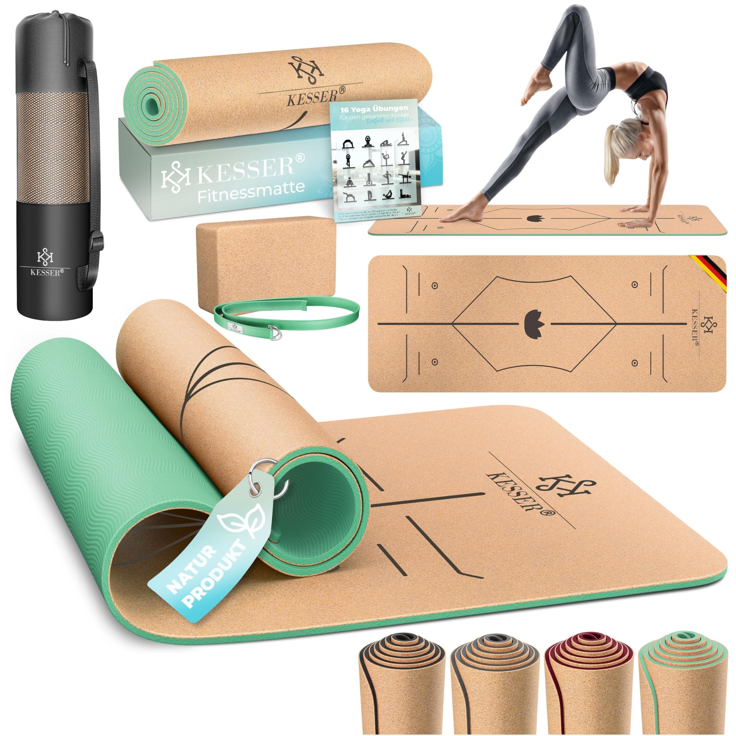 KESSER® Yogamatte Kork Inkl. Tragegurt Tasche & Block Gymnastikmatte - Matte rutschfest aus Naturkautschuk TPE Fitnessmatte, 183 x 62 Trainingsmatte für Fitness Sportmatte, Gymnastik extradick